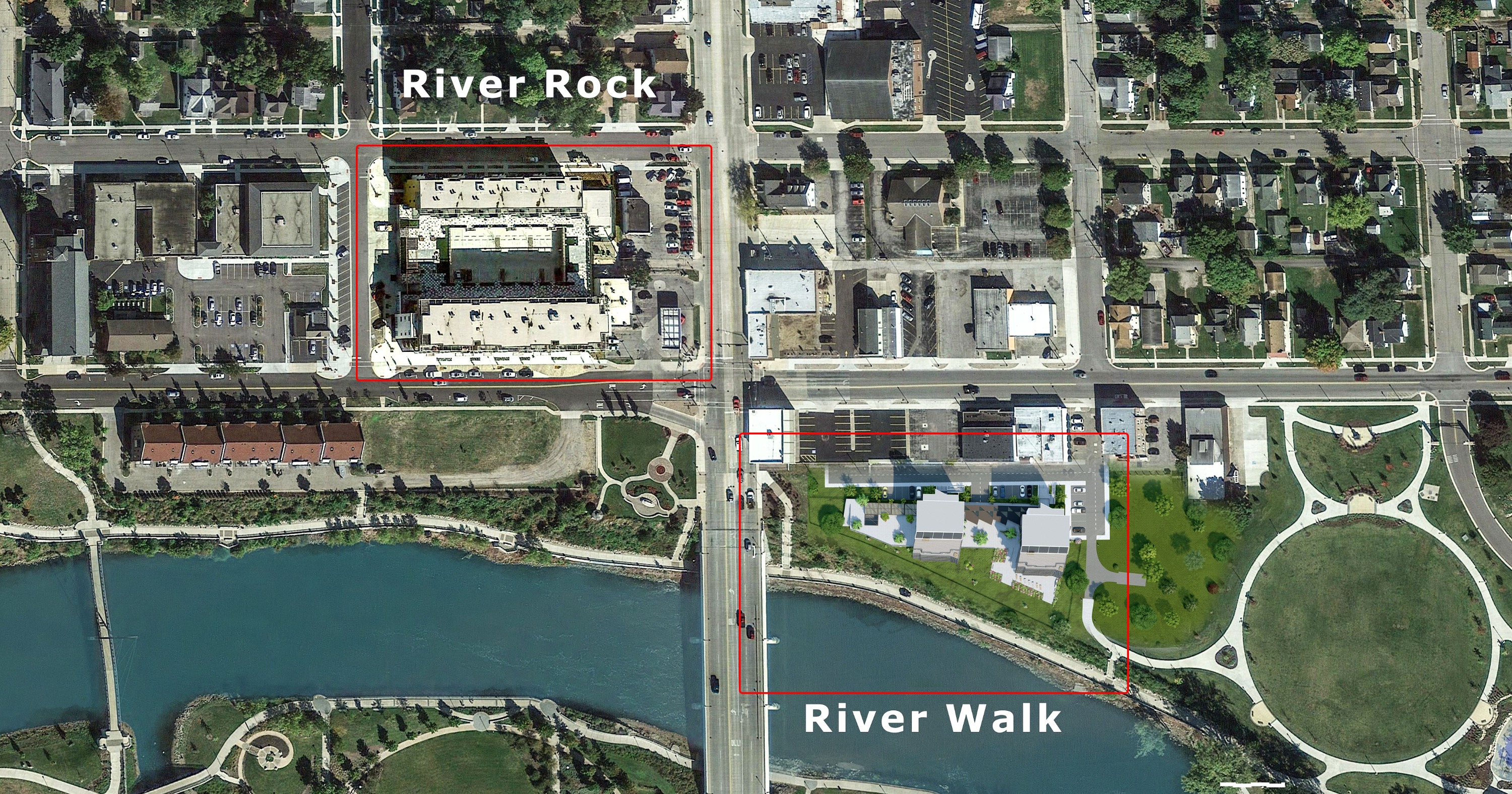 River Rock on the St. Joseph River — at the edge of the town center, the water and the park beyond.