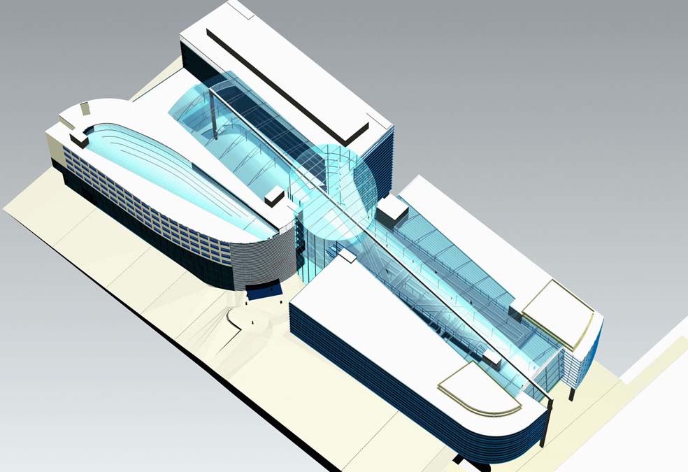 The competition scheme made buildable — the massing of the two-wing arcade over the metro, and Petr Franta's concept sketch beneath it.