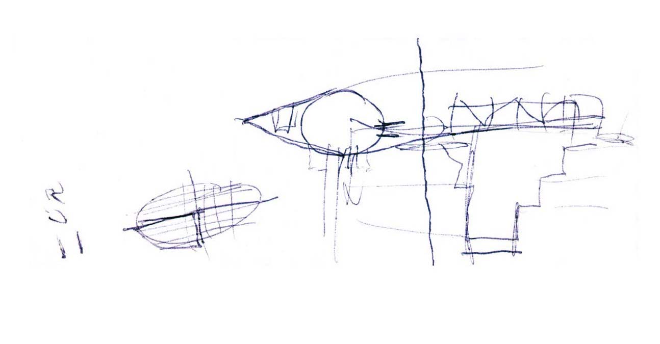 The competition scheme made buildable — the massing of the two-wing arcade over the metro, and Petr Franta's concept sketch beneath it.